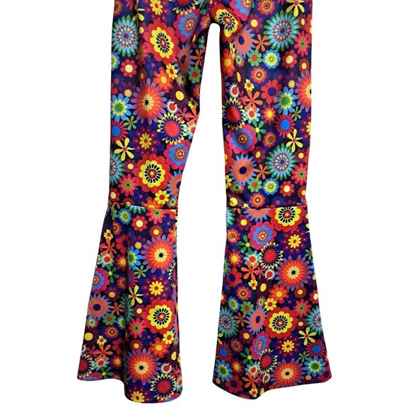 Vintage-Inspired Disco Flared Pants With Multicolor Floral Print Size S Boho Hip - Picture 9 of 11